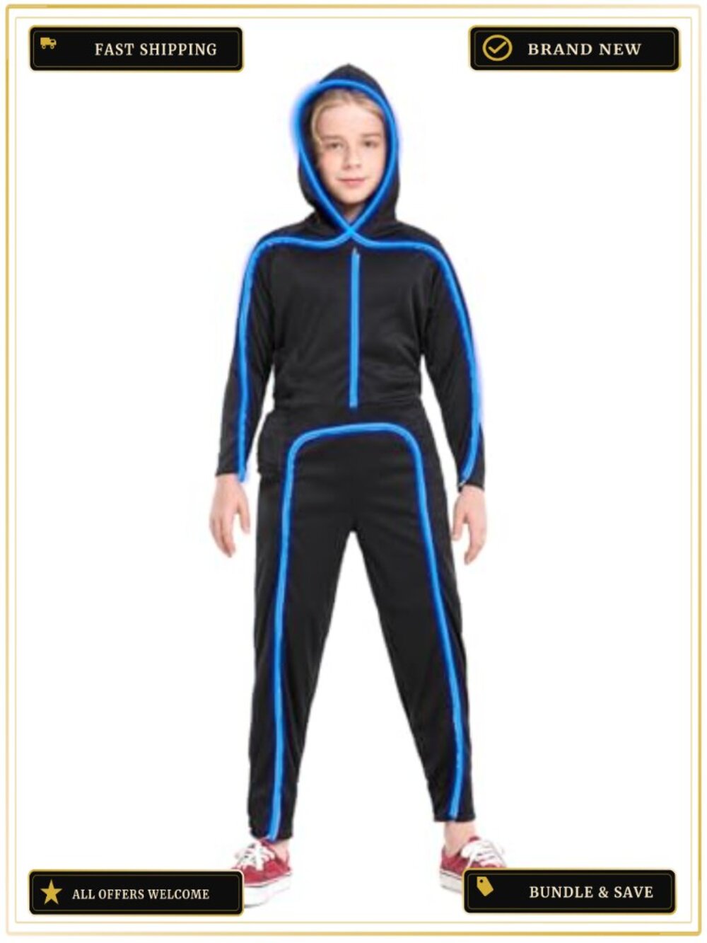 Light Up Stick Figure Costume EL Wire Neon LED Kids Halloween Cosplay